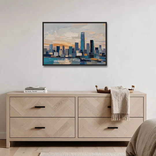 Law Office Wall Art of a Dawn Skyline - Black Framed Canvas Wall Art - Coffee Table - 36x24