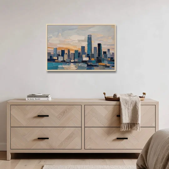 Law Office Wall Art of a Dawn Skyline - Oak Framed Canvas Wall Art - Coffee Table - 36x24
