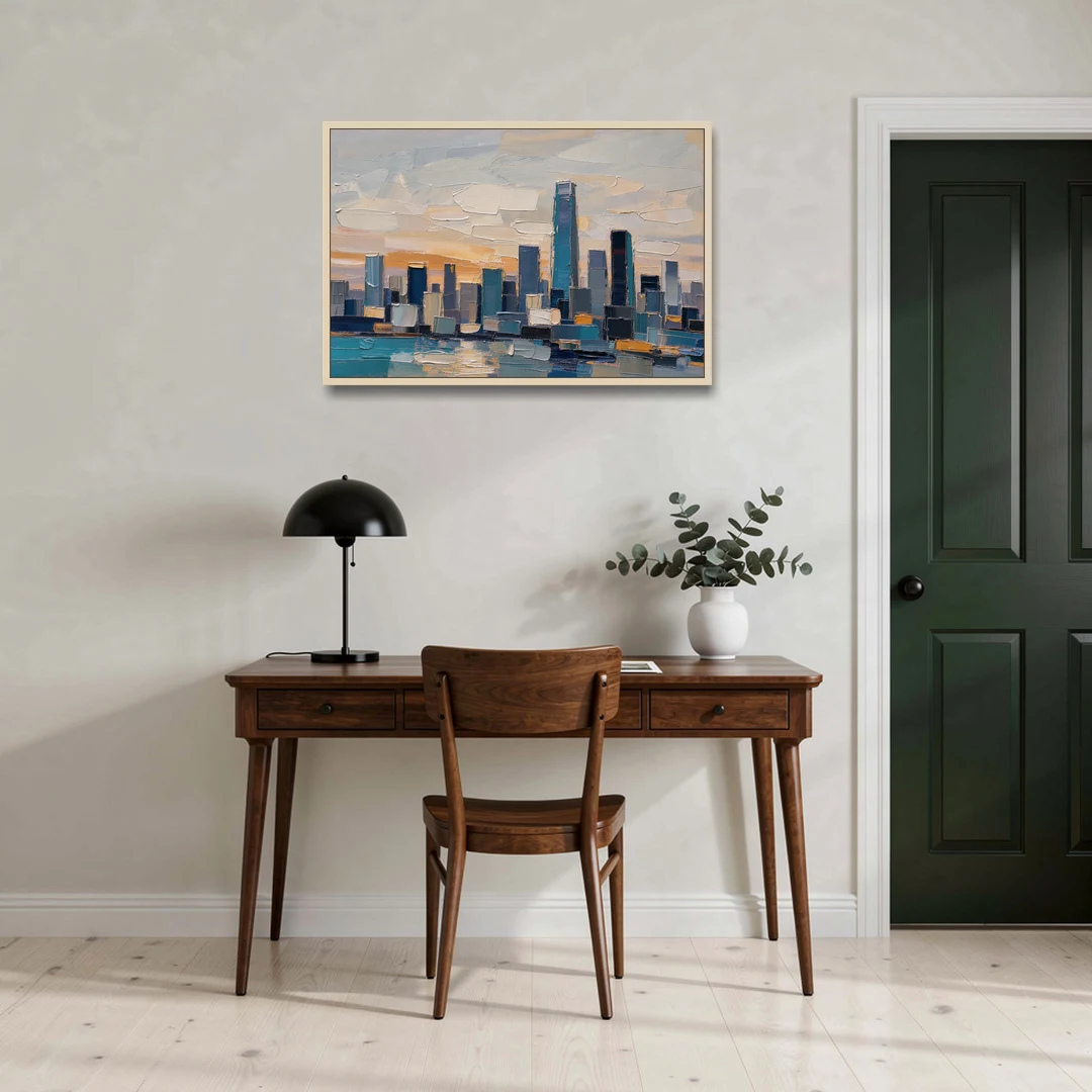 Law Office Wall Art of a Dawn Skyline - Oak Framed Canvas Wall Art - Office - 36x24