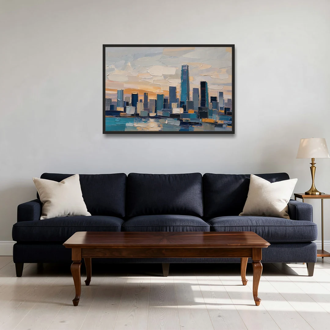 Law Office Wall Art of a Dawn Skyline - Black Framed Canvas Wall Art - Sofa - 36x24