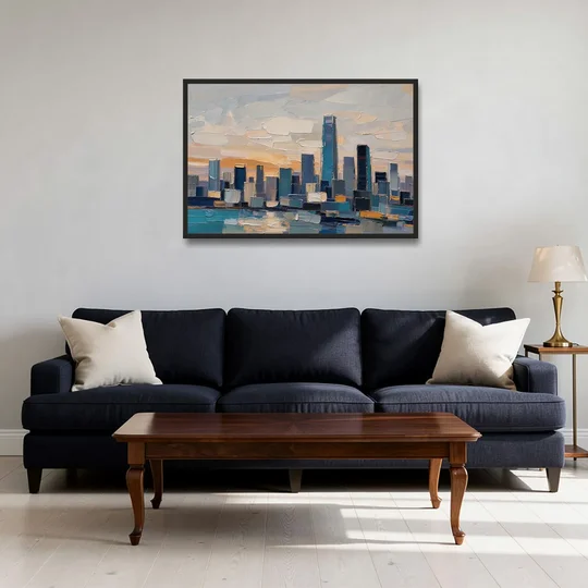 Law Office Wall Art of a Dawn Skyline - Black Framed Canvas Wall Art - Sofa - 36x24