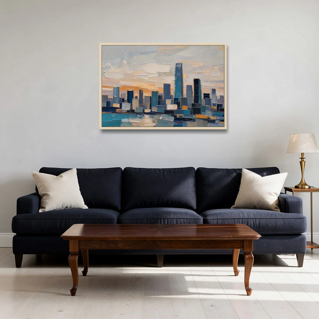 Law Office Wall Art of a Dawn Skyline - Oak Framed Canvas Wall Art - Sofa - 36x24