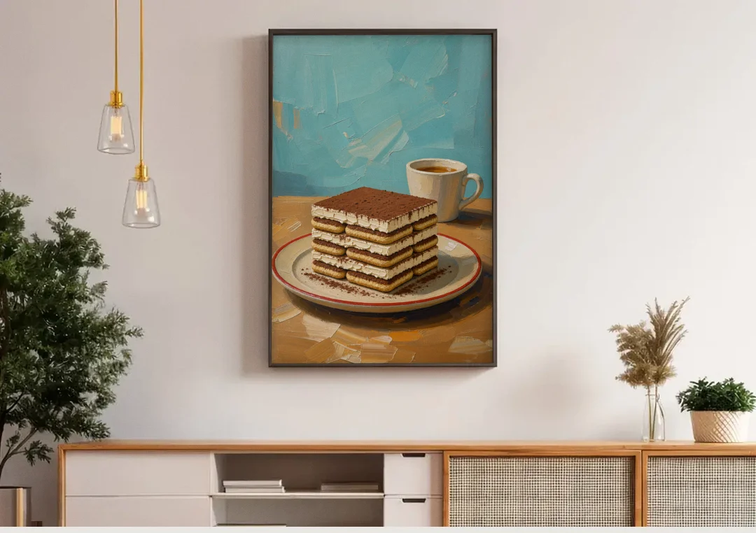 Layered Tiramisu Slice with Espresso Cup canvas wall art above a wooden sideboard under pendant lights