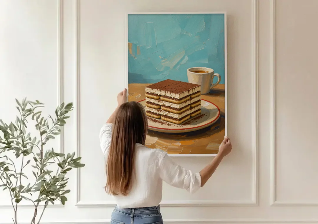Layered Tiramisu Slice with Espresso Cup canvas wall art being hung on a paneled wall