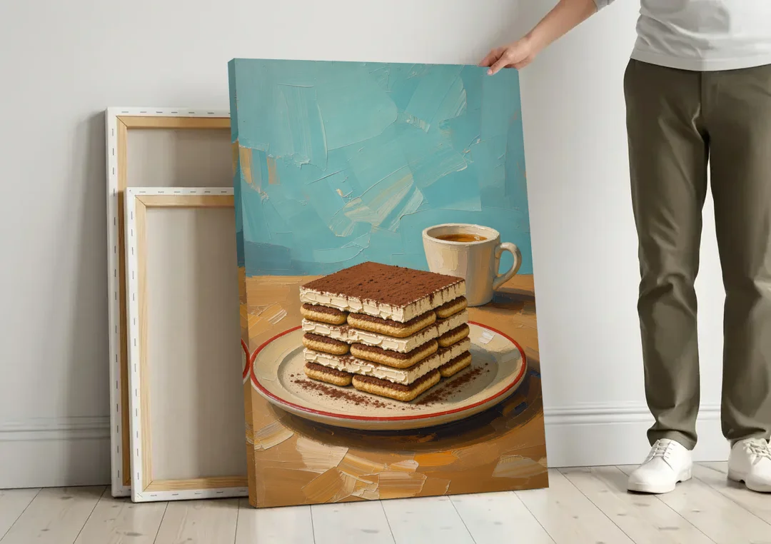 Layered Tiramisu Slice with Espresso Cup canvas wall art leaning against a wall next to blank canvases