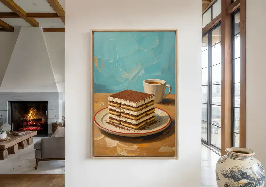 Layered Tiramisu Slice with Espresso Cup canvas wall art in a living room with a fireplace