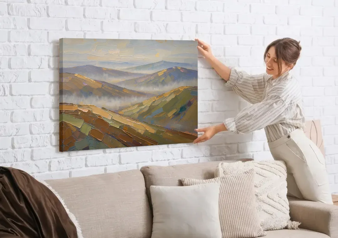 Layered Valley Ridges in Morning Haze canvas wall art being hung on a white brick wall above a sofa