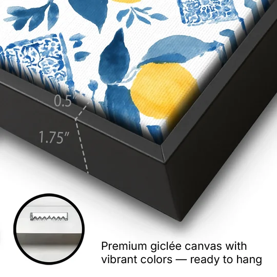 Lemon Art in Blue Majolica Tiles - Black Framed Canvas Wall Art - Gallery Wrap Corner