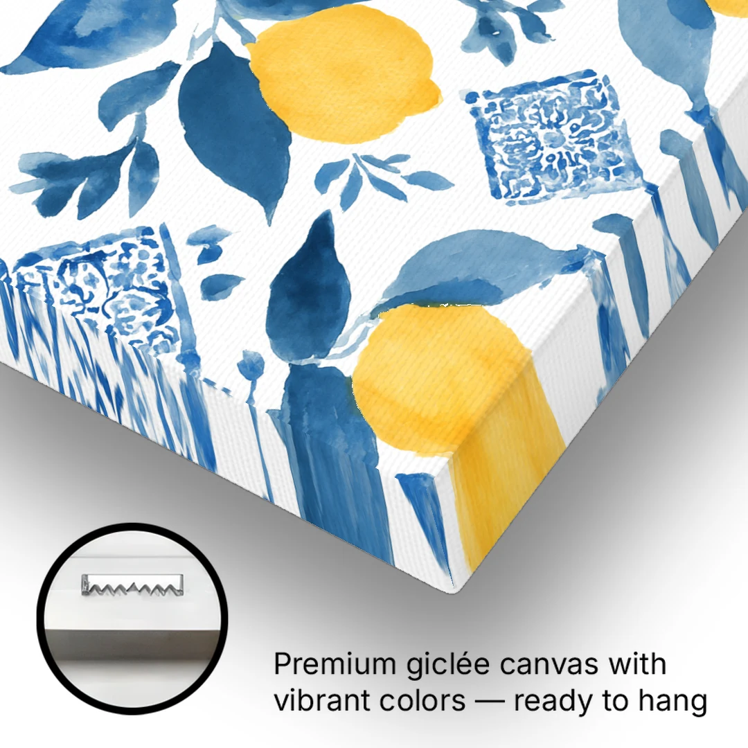 Lemon Art in Blue Majolica Tiles - Canvas Wall Art - Gallery Wrap Corner