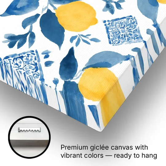 Lemon Art in Blue Majolica Tiles - Canvas Wall Art - Gallery Wrap Corner