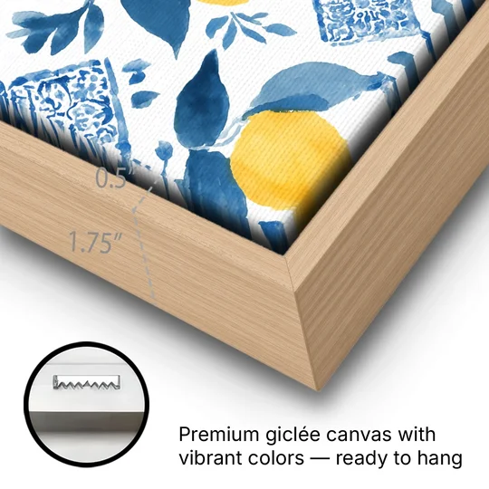 Lemon Art in Blue Majolica Tiles - Oak Framed Canvas Wall Art - Gallery Wrap Corner