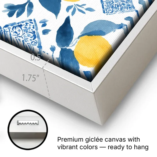 Lemon Art in Blue Majolica Tiles - White Framed Canvas Wall Art - Gallery Wrap Corner