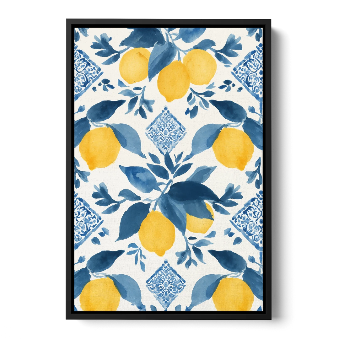 Lemon Art in Blue Majolica Tiles - Black Framed Canvas Wall Art - Front