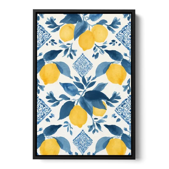 Lemon Art in Blue Majolica Tiles - Black Framed Canvas Wall Art - Front