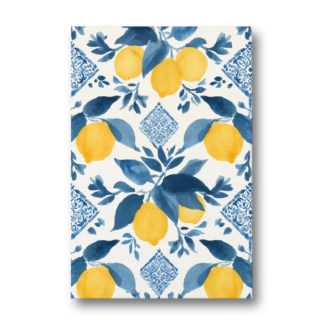Lemon Art in Blue Majolica Tiles - Canvas Wall Art - Front