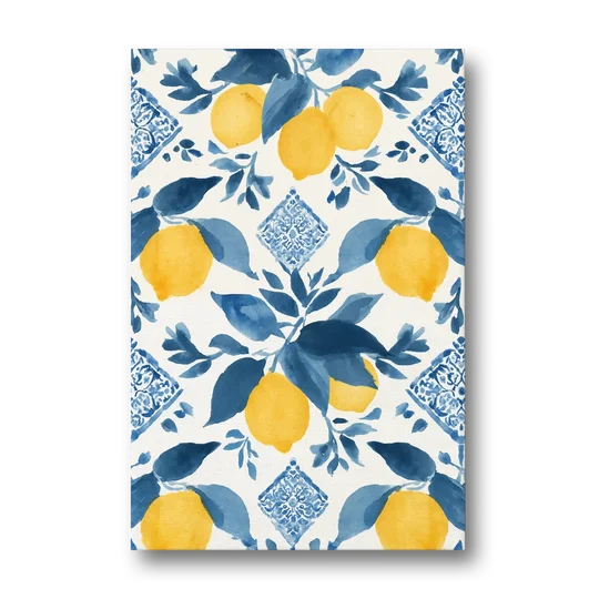 Lemon Art in Blue Majolica Tiles - Canvas Wall Art - Front