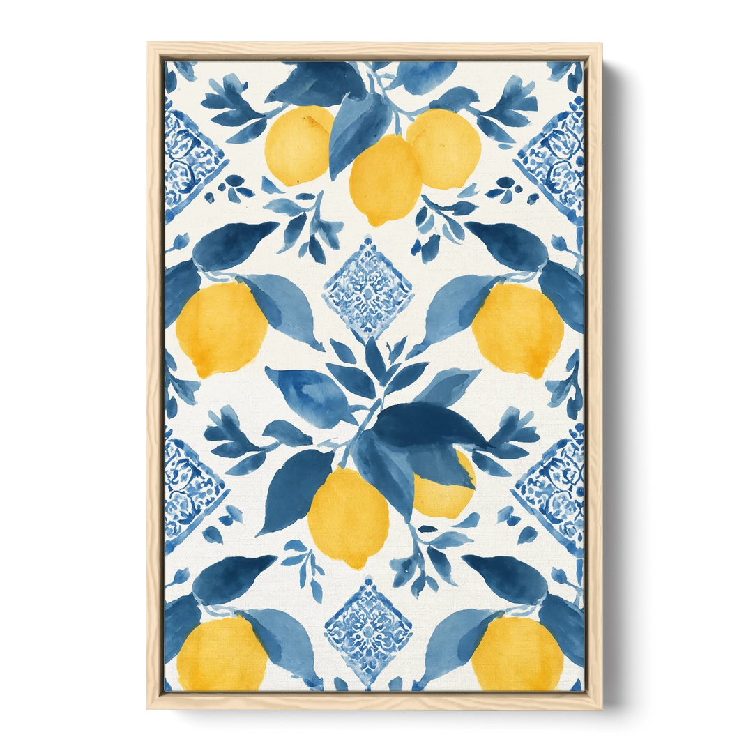 Lemon Art in Blue Majolica Tiles - Oak Framed Canvas Wall Art - Front