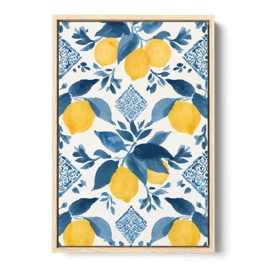Lemon Art in Blue Majolica Tiles - Oak Framed Canvas Wall Art - Front