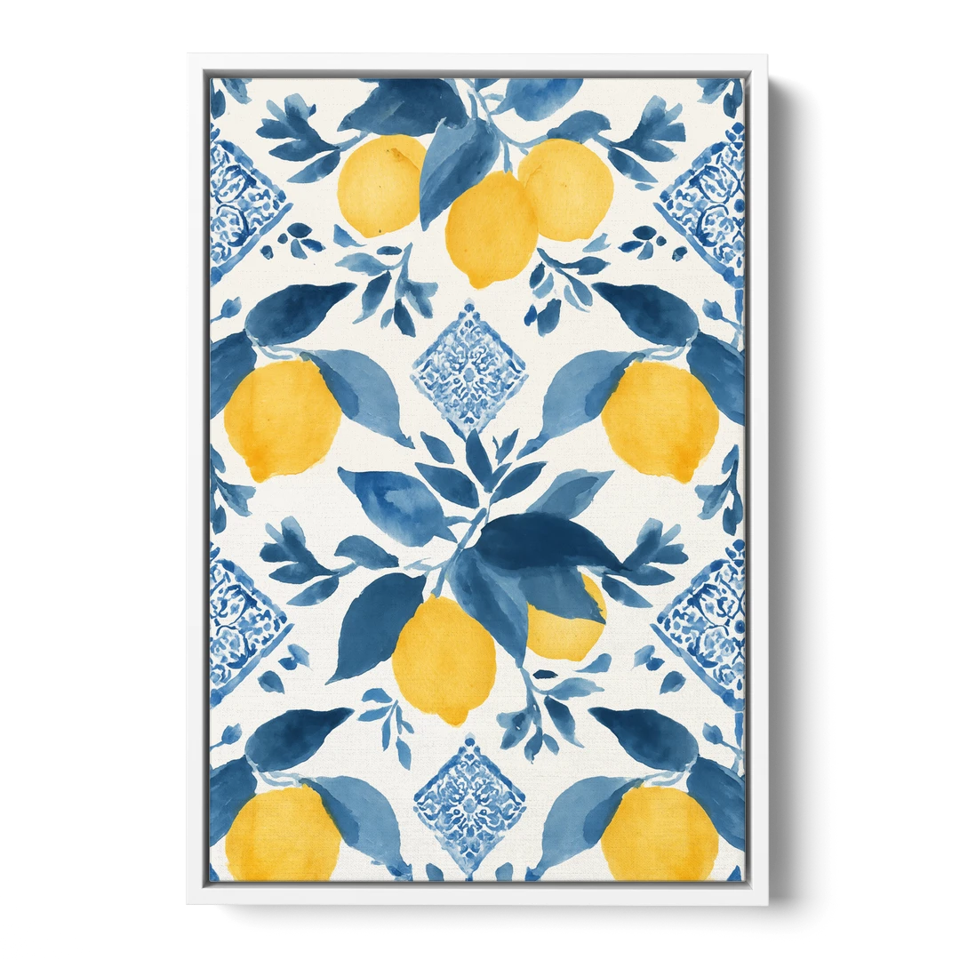 Lemon Art in Blue Majolica Tiles - White Framed Canvas Wall Art - Front