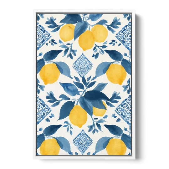 Lemon Art in Blue Majolica Tiles - White Framed Canvas Wall Art - Front