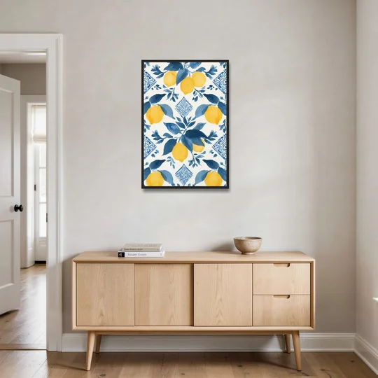 Lemon Art in Blue Majolica Tiles - Black Framed Canvas Wall Art - Coffee Table - 24x36