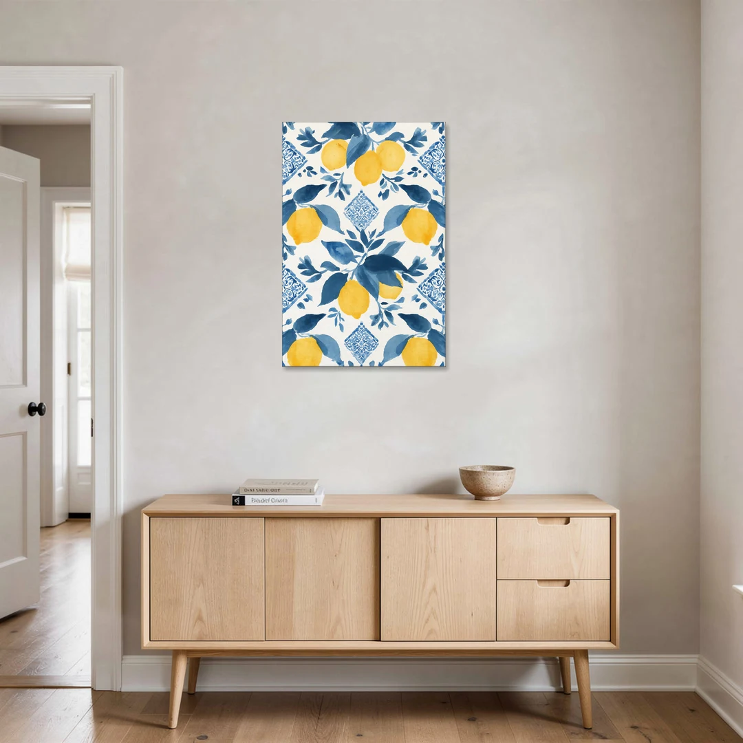 Lemon Art in Blue Majolica Tiles - Canvas Wall Art - Coffee Table - 24x36