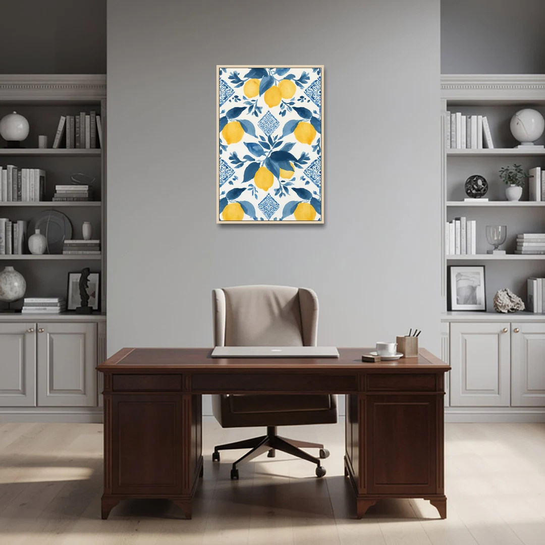 Lemon Art in Blue Majolica Tiles - Oak Framed Canvas Wall Art - Office - 24x36
