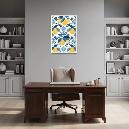 Lemon Art in Blue Majolica Tiles - White Framed Canvas Wall Art - Office - 24x36