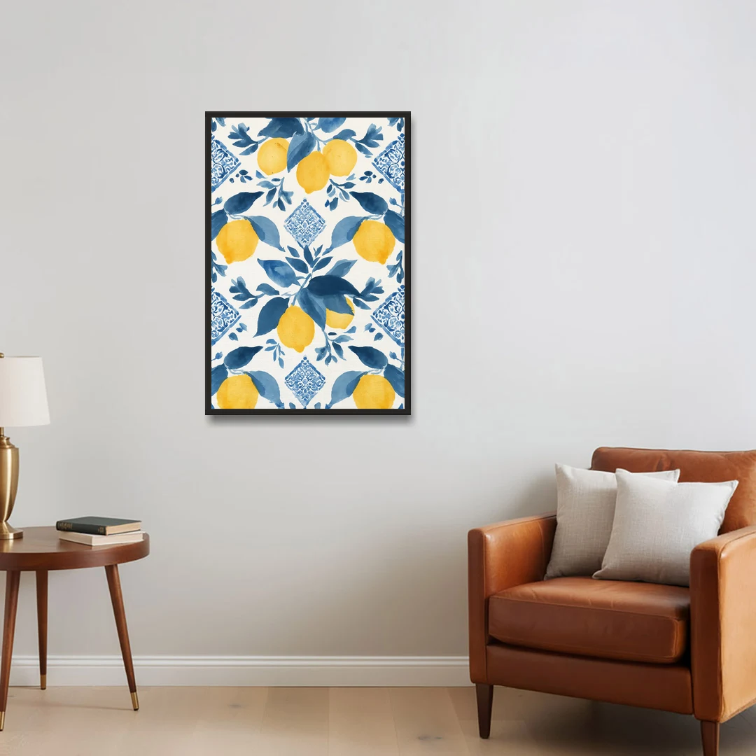 Lemon Art in Blue Majolica Tiles - Black Framed Canvas Wall Art - Sofa - 24x36