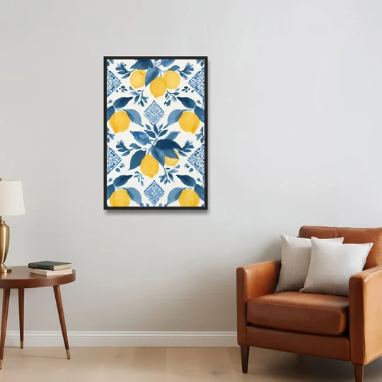 Lemon Art in Blue Majolica Tiles - Black Framed Canvas Wall Art - Sofa - 24x36