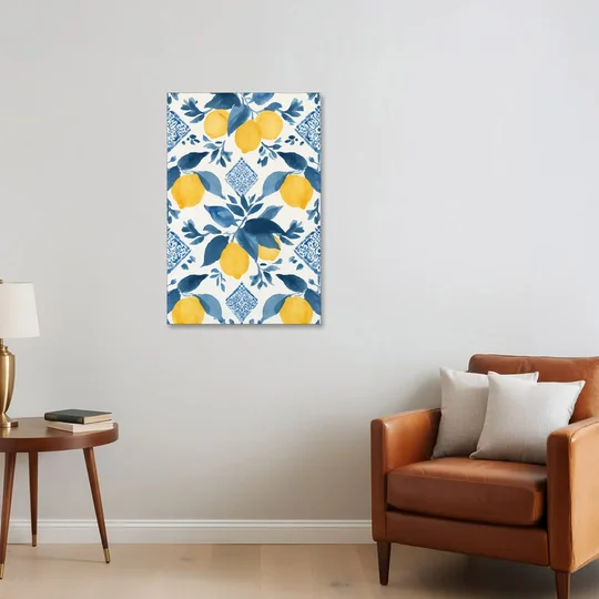 Lemon Art in Blue Majolica Tiles - Canvas Wall Art - Sofa - 24x36
