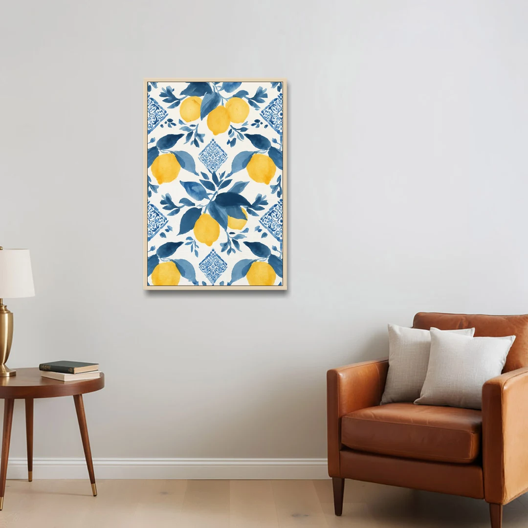 Lemon Art in Blue Majolica Tiles - Oak Framed Canvas Wall Art - Sofa - 24x36