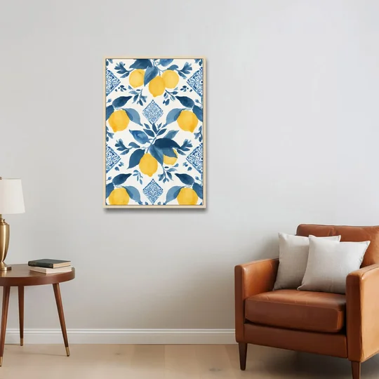 Lemon Art in Blue Majolica Tiles - Oak Framed Canvas Wall Art - Sofa - 24x36