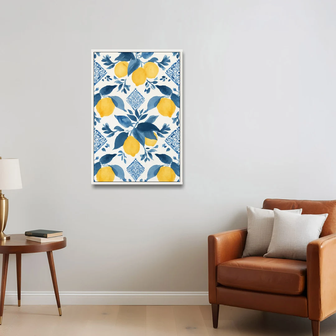 Lemon Art in Blue Majolica Tiles - White Framed Canvas Wall Art - Sofa - 24x36