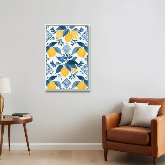 Lemon Art in Blue Majolica Tiles - White Framed Canvas Wall Art - Sofa - 24x36