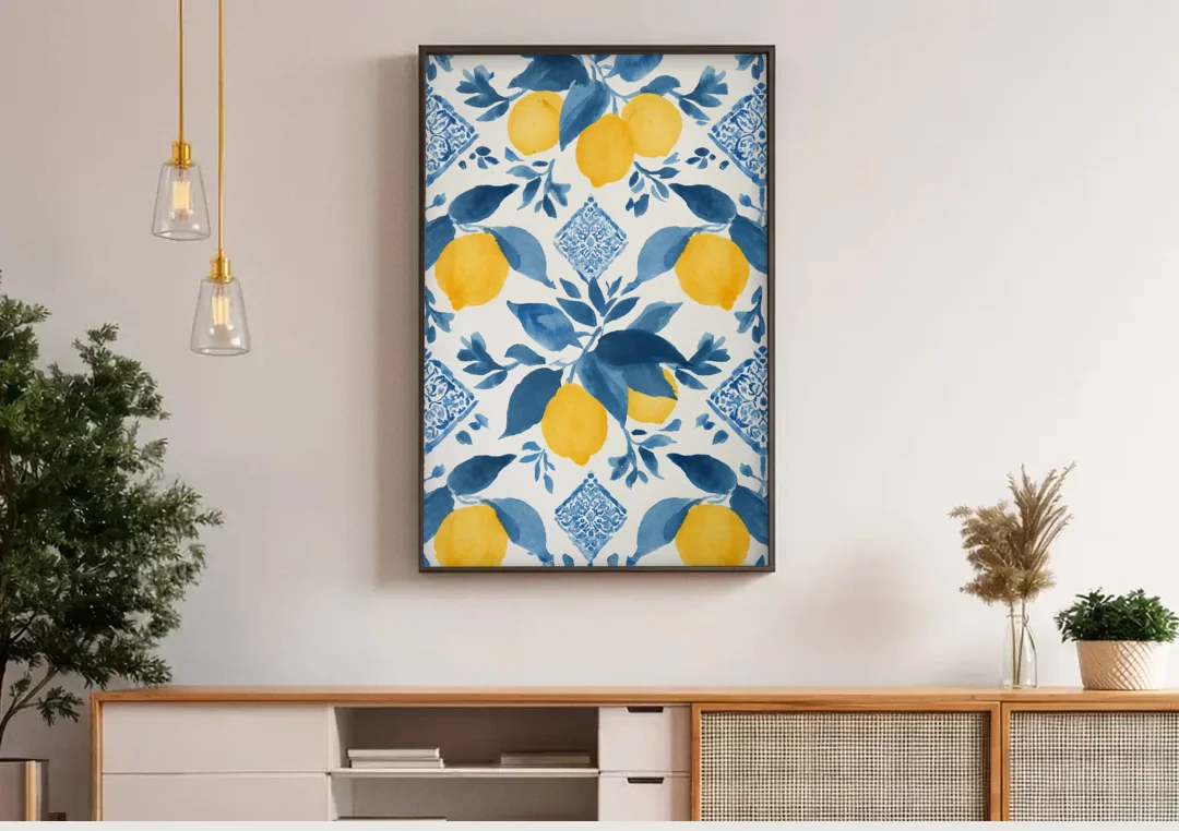Lemon Art in Blue Majolica Tiles canvas wall art above a wooden sideboard under pendant lights