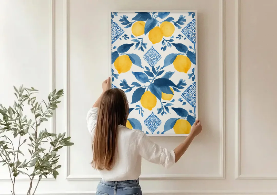 Lemon Art in Blue Majolica Tiles canvas wall art being hung on a paneled wall