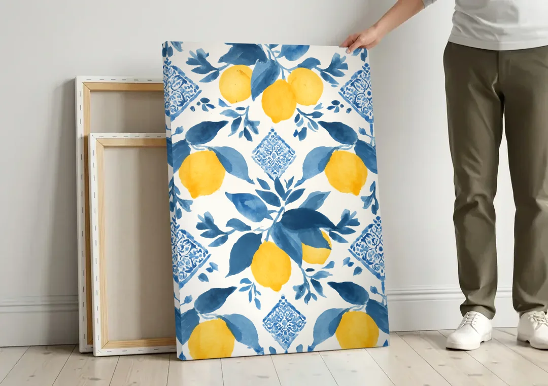 Lemon Art in Blue Majolica Tiles canvas wall art leaning against a wall next to blank canvases
