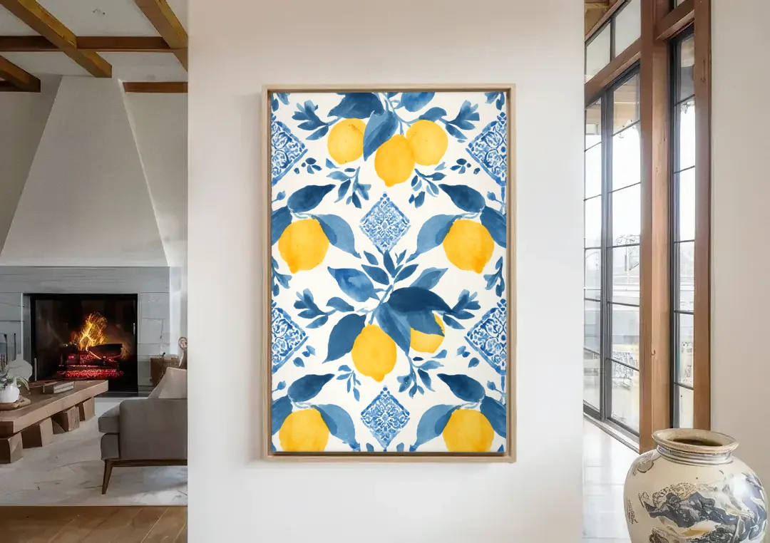 Lemon Art in Blue Majolica Tiles canvas wall art in a living room with a fireplace