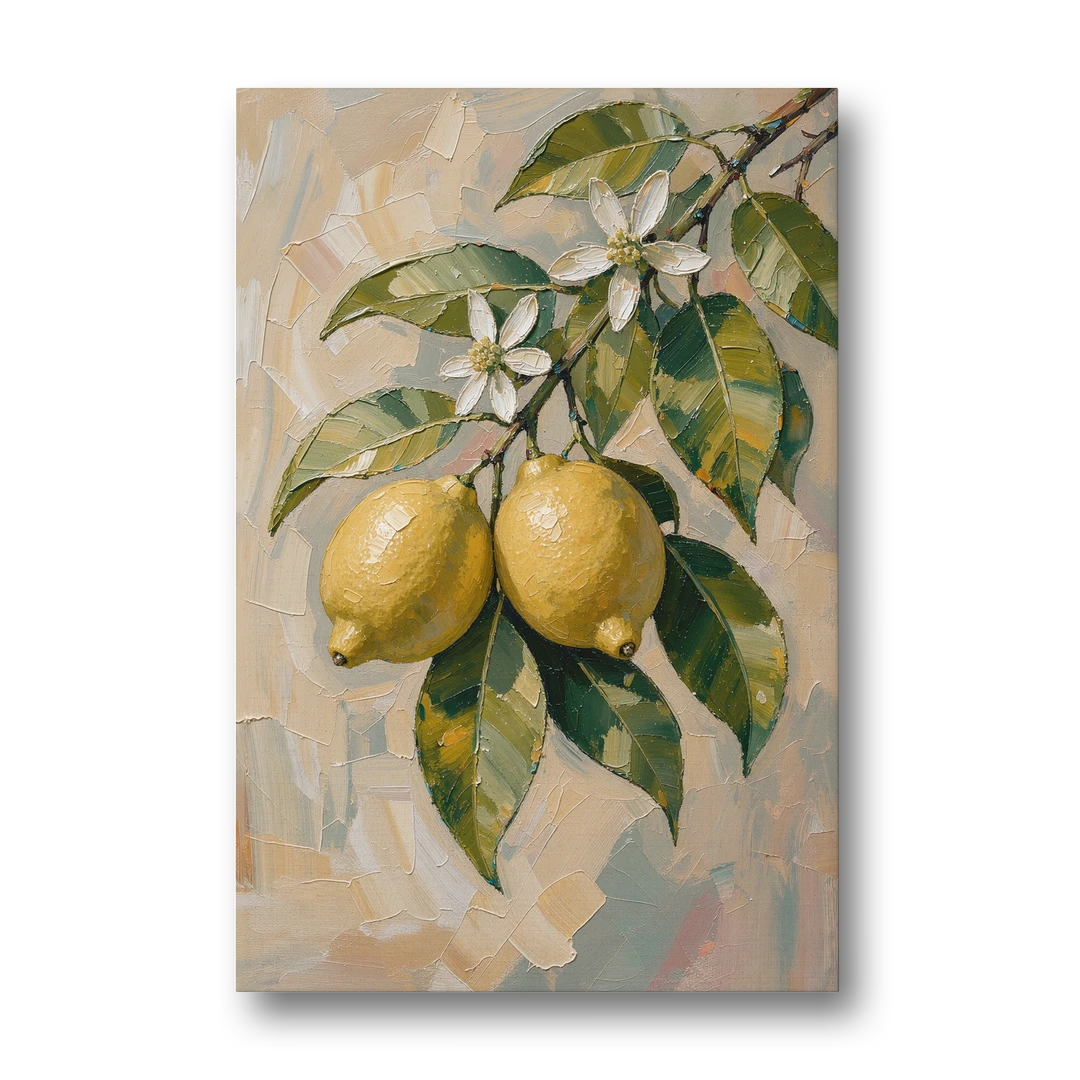 Lemon Branch Painting With White Blossoms - Canvas Wall Art - Front