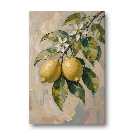 Lemon Branch Painting With White Blossoms - Canvas Wall Art - Front