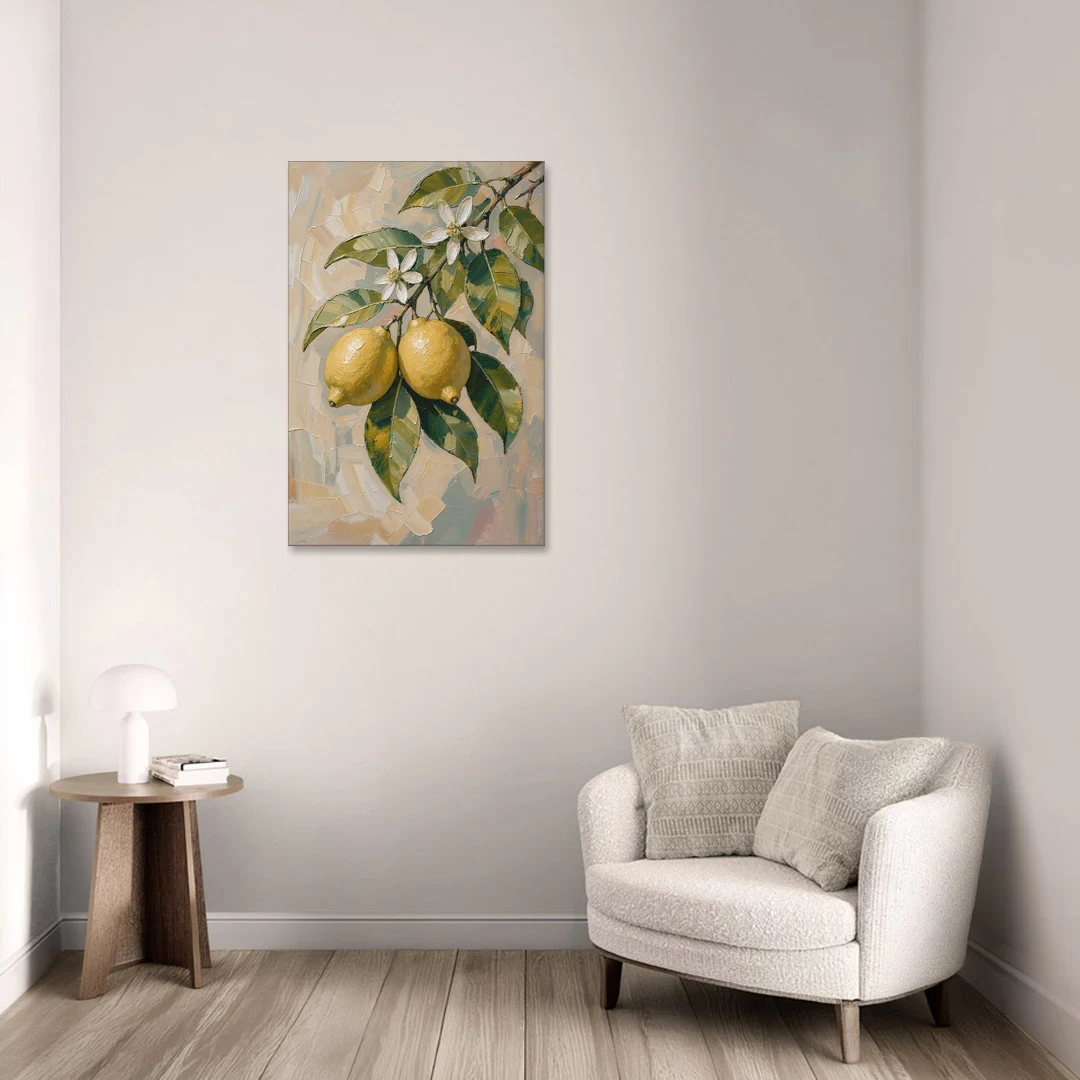 Lemon Branch Painting With White Blossoms - Canvas Wall Art - Sofa - 24x36