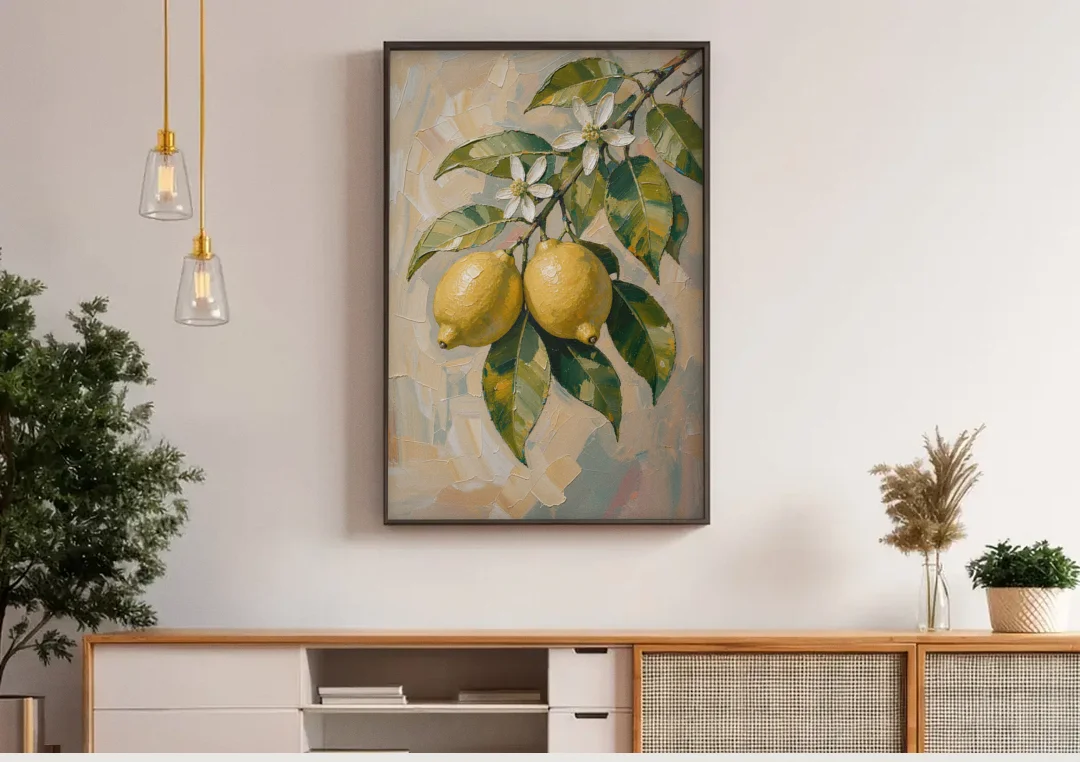 Lemon Branch Painting With White Blossoms canvas wall art above a wooden sideboard under pendant lights