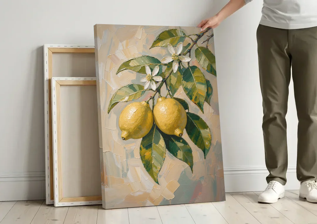 Lemon Branch Painting With White Blossoms canvas wall art leaning against a wall next to blank canvases