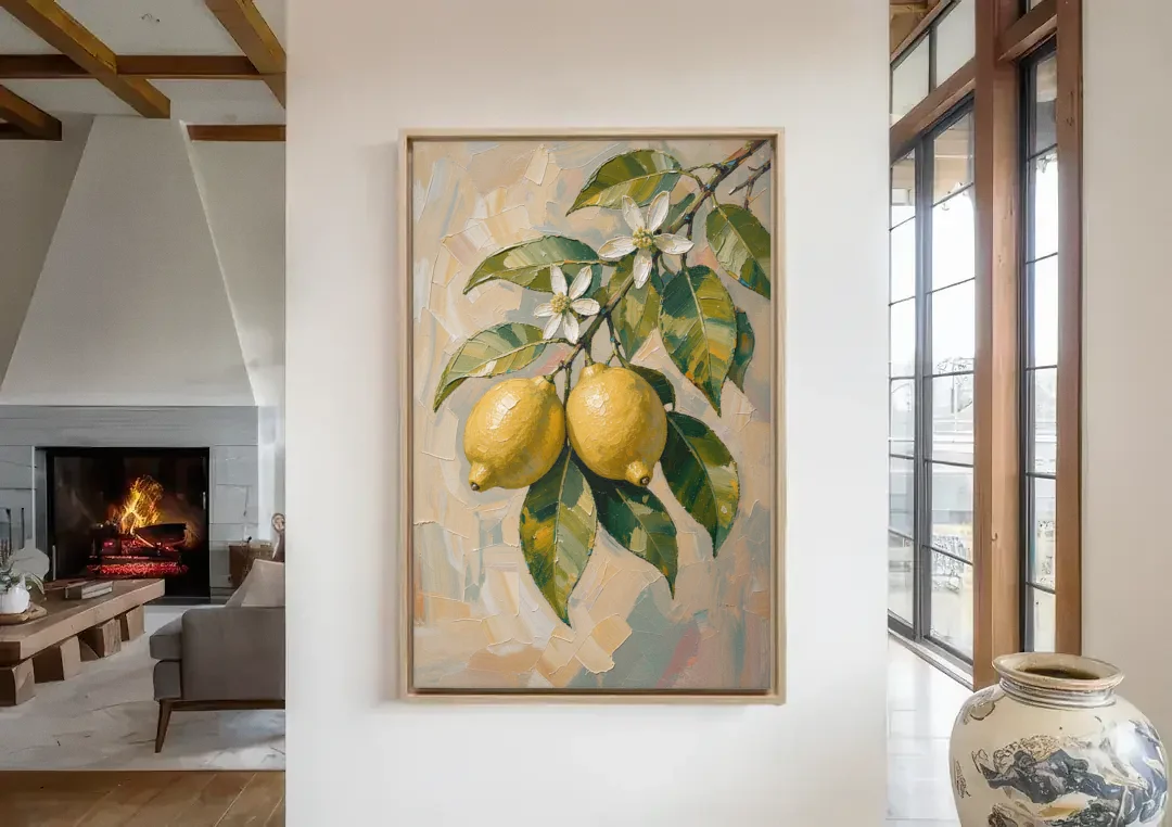 Lemon Branch Painting With White Blossoms canvas wall art in a living room with a fireplace