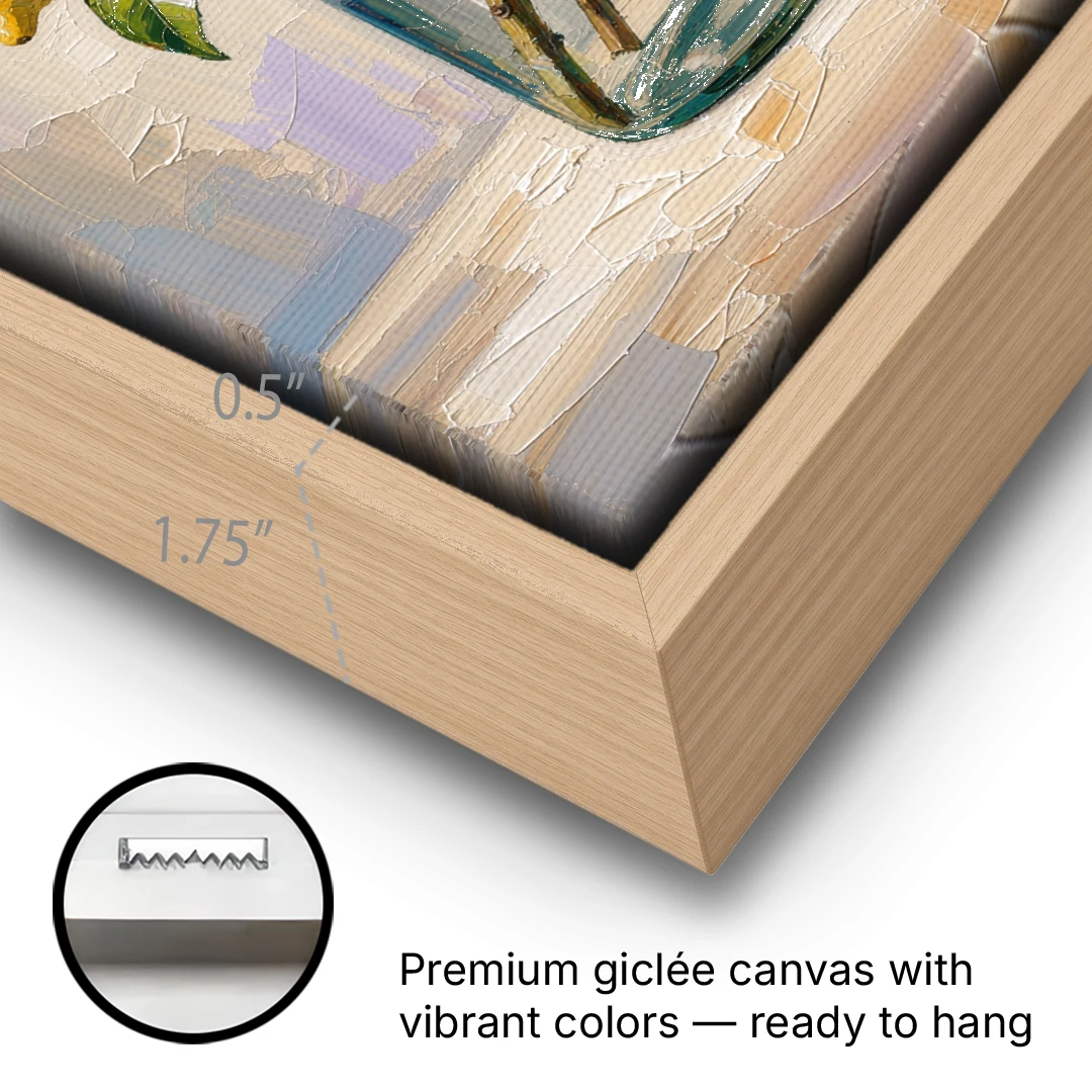 Lemon Branches in a Glass Jar for the Kitchen - Oak Framed Canvas Wall Art - Gallery Wrap Corner