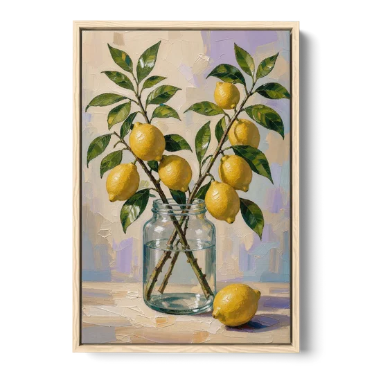 Lemon Branches in a Glass Jar for the Kitchen - Oak Framed Canvas Wall Art - Front