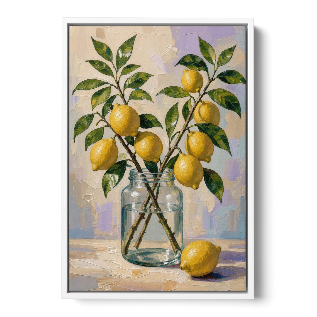 Lemon Branches in a Glass Jar for the Kitchen - White Framed Canvas Wall Art - Front