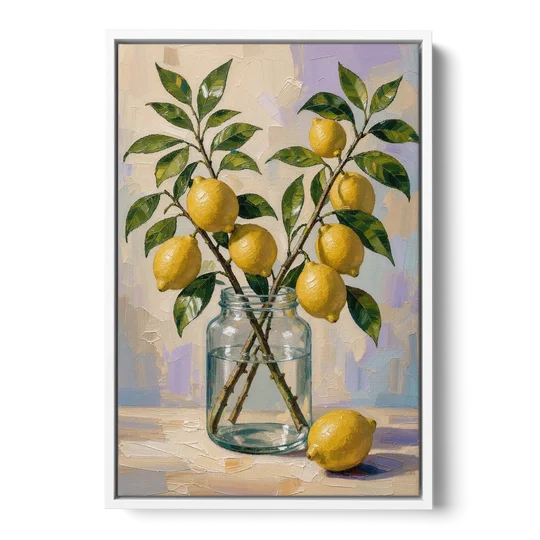 Lemon Branches in a Glass Jar for the Kitchen - White Framed Canvas Wall Art - Front