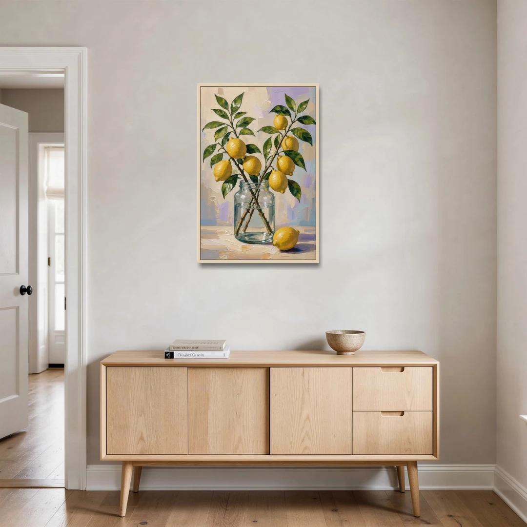 Lemon Branches in a Glass Jar for the Kitchen - Oak Framed Canvas Wall Art - Coffee Table - 24x36